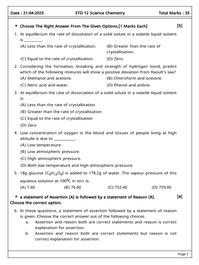 Test Paper 1 | PDF | Concentration | Physical Chemistry