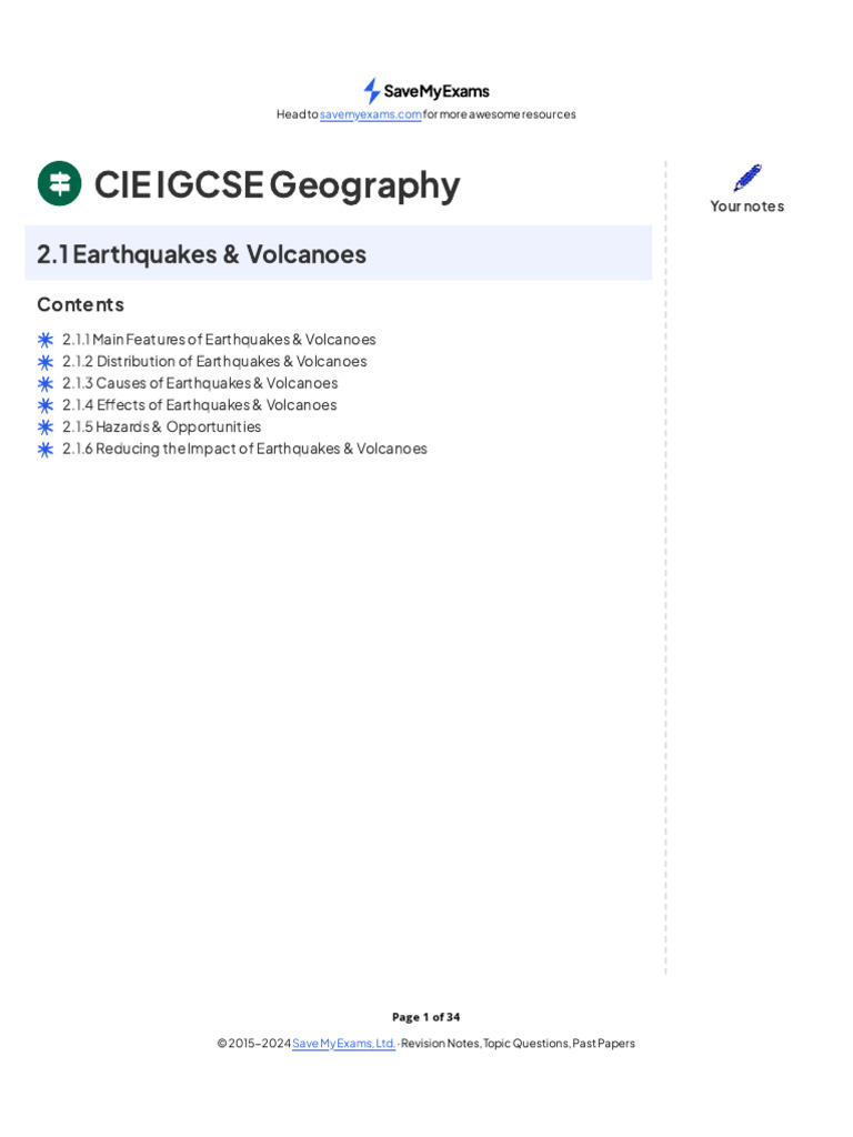 CIE IGCSE Geography: Earthquakes & Volcanoes | PDF | Volcano | Plate ...
