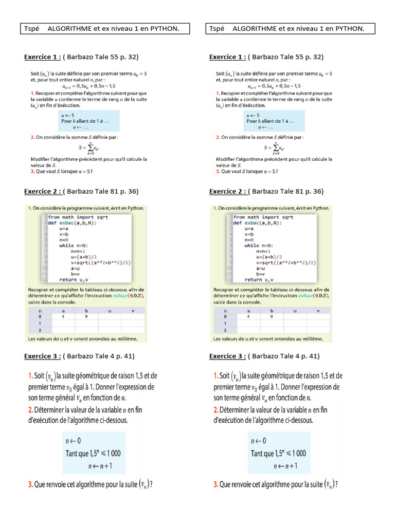Algorithmes Python Niveau 1 | PDF