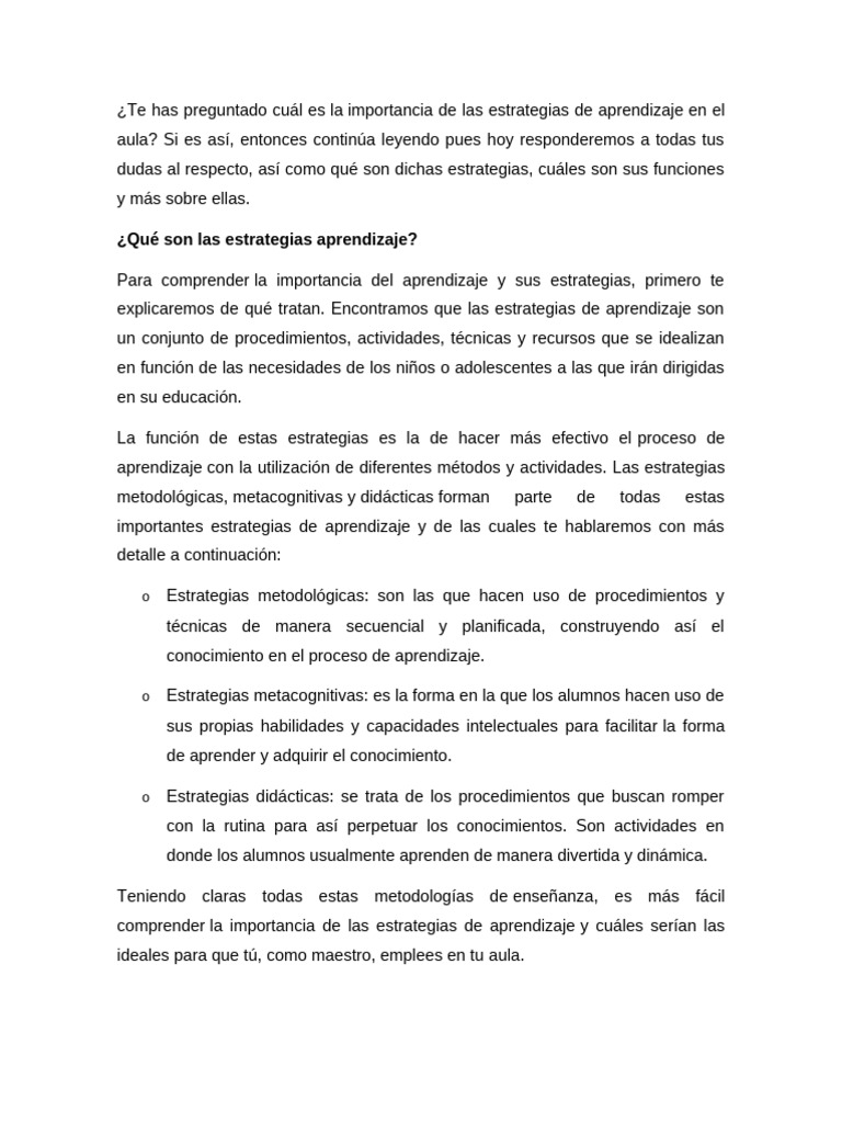 Definicion e Importancia de Las Estrategias de Aprendizaje | PDF ...