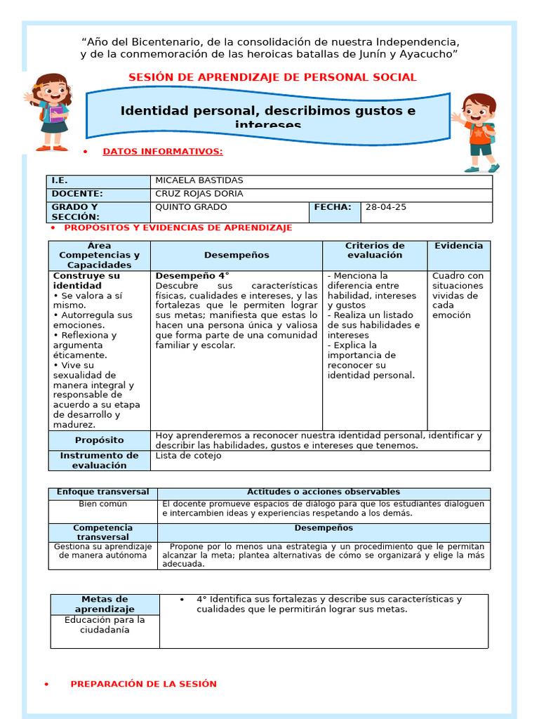 4 Ses PS Lun 1 Identidad Personal Habilidades Intereses y Gustos ...