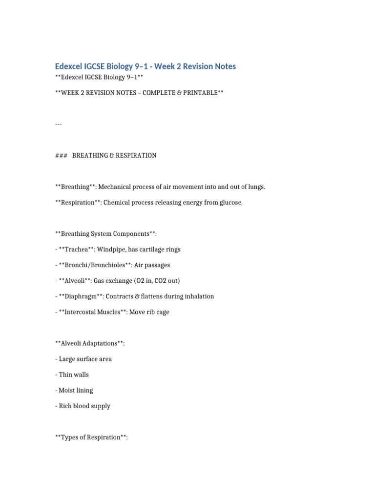 Edexcel IGCSE Biology Week 2 Notes | PDF | Respiratory System ...