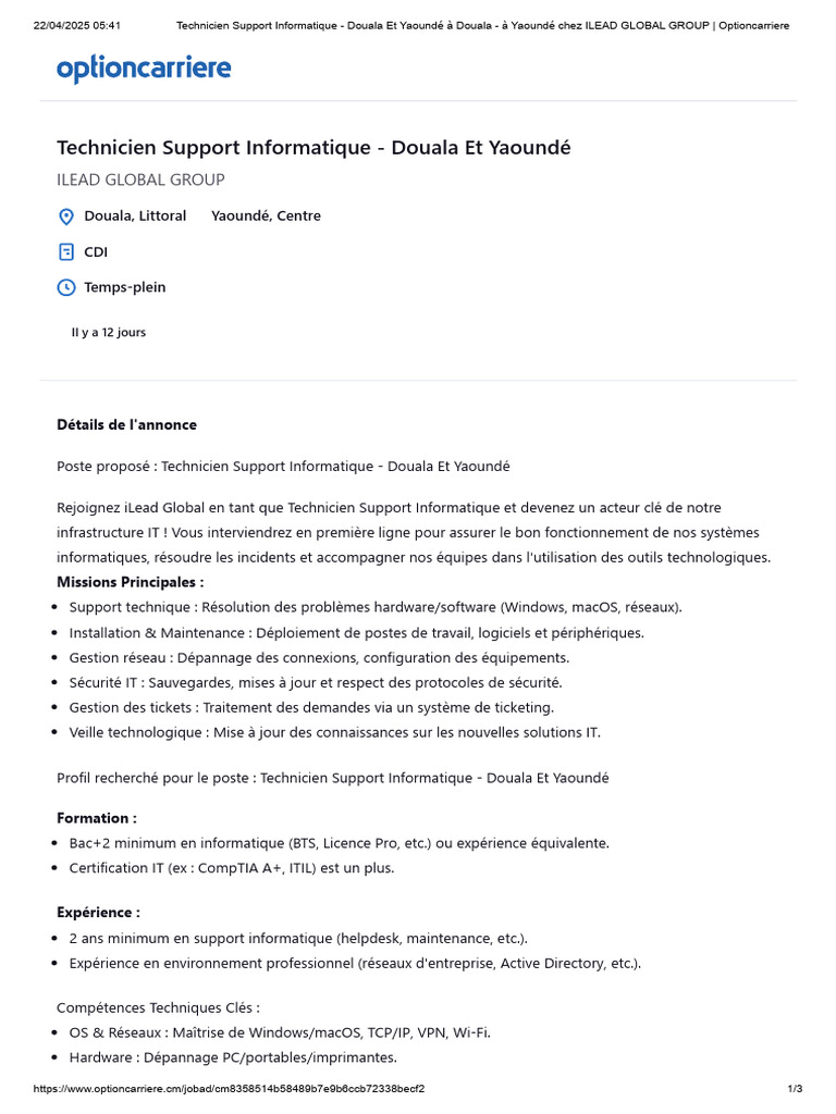 Technicien Support Informatique à Douala | PDF | Informatique | Itil