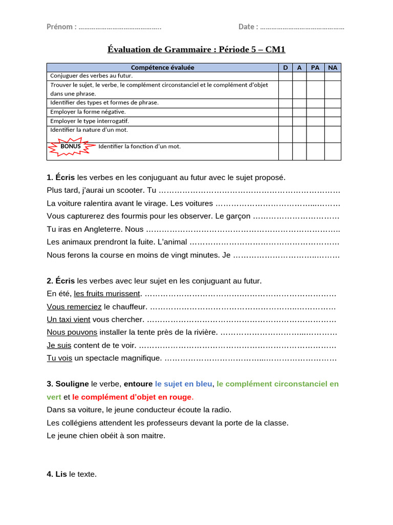 Évaluation de Grammaire CM1 - Période 5 | PDF | Phrase | Syntaxe