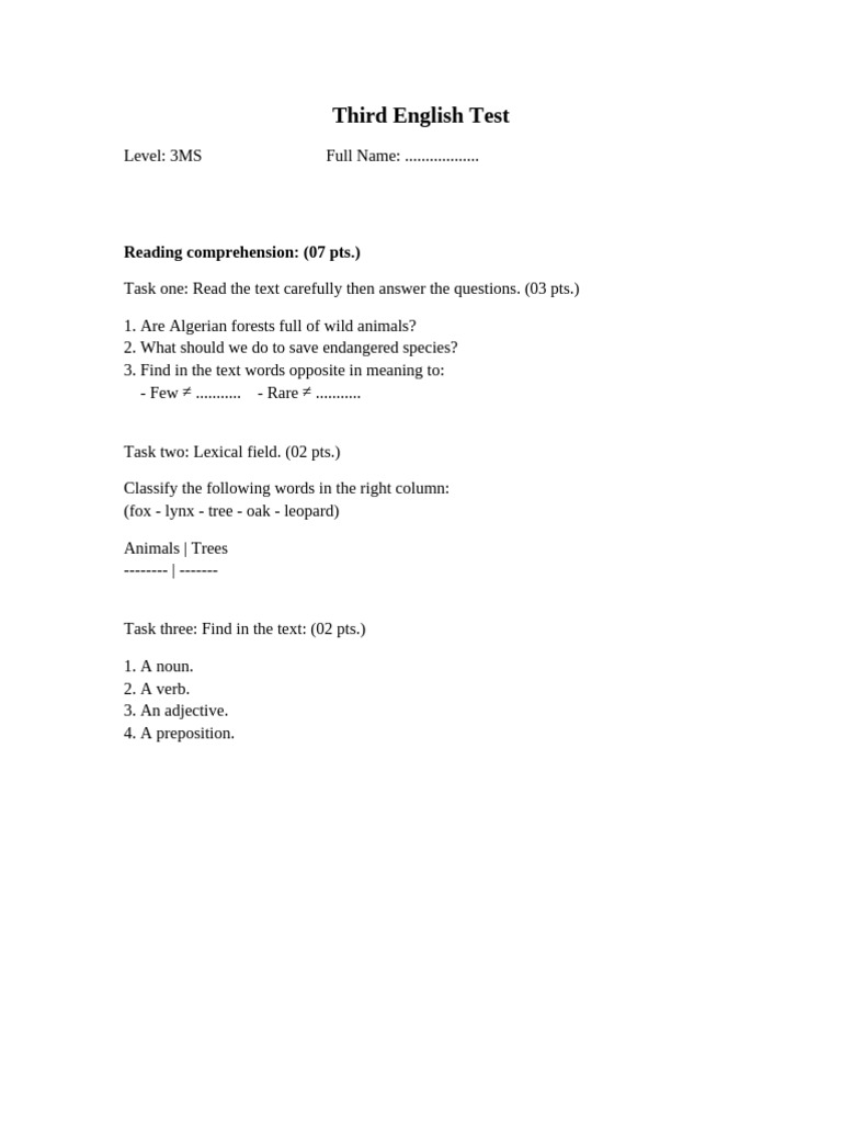 Third English Test Final Bold | PDF