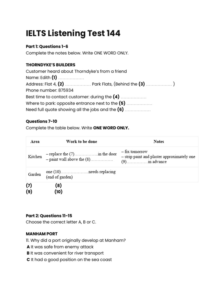 IELTS Listening Test 144 Overview | PDF