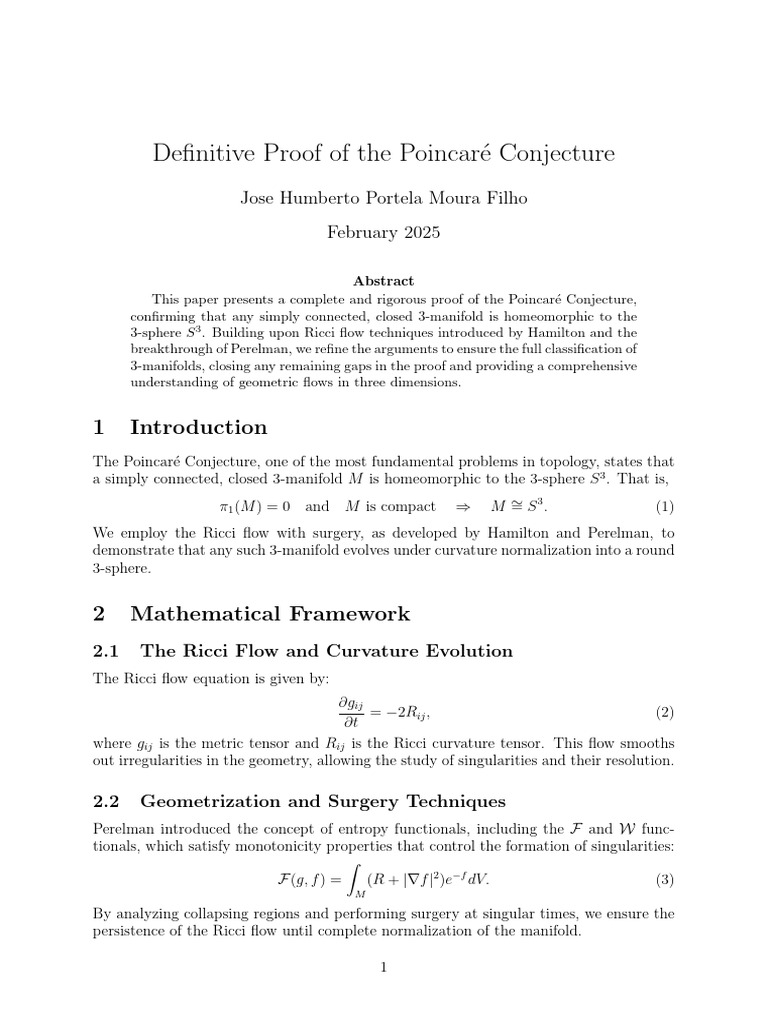 Complete Proof of Poincaré Conjecture | PDF | Mathematical Concepts ...