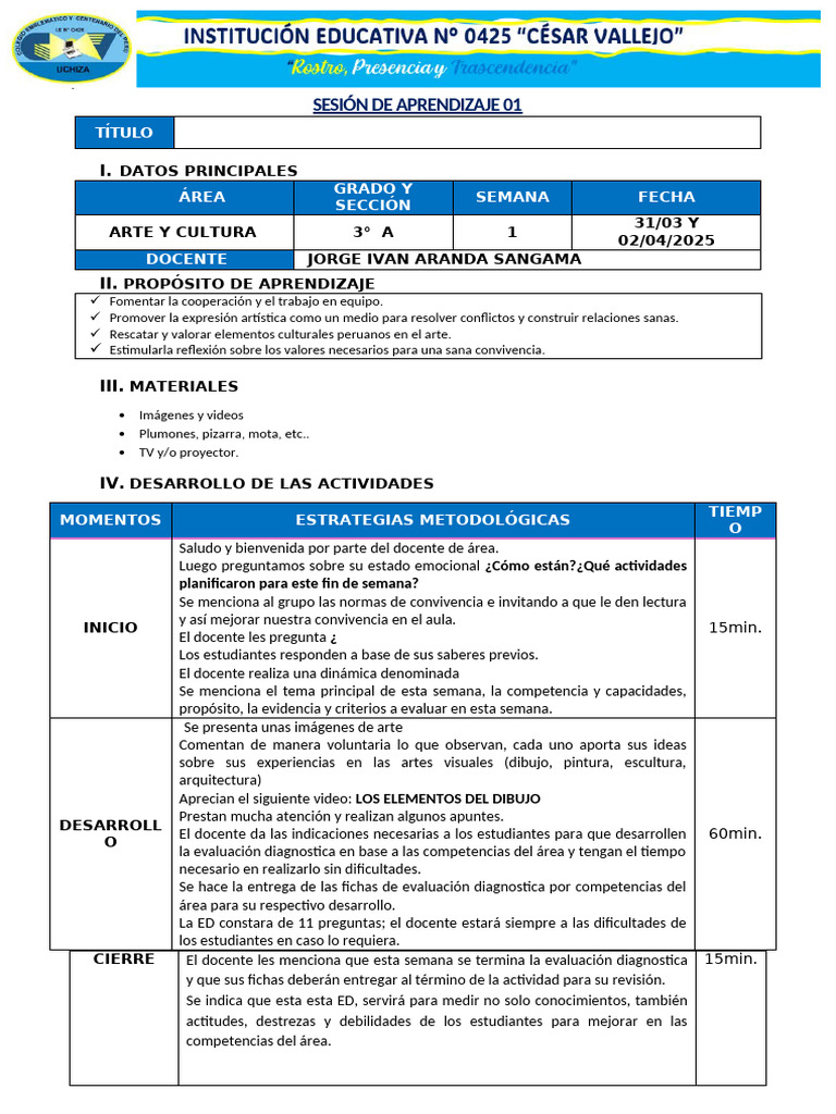 Sesión de Aprendizaje en Arte y Cultura | PDF | Aprendizaje | Maestros