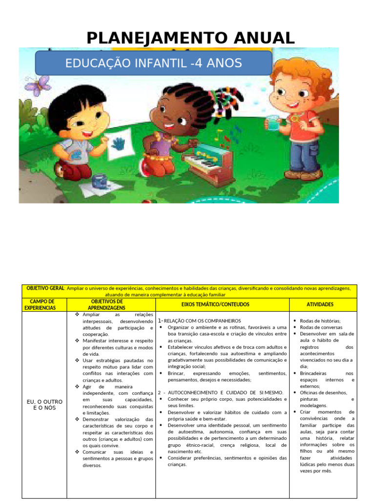 Planejamento Anual Educação Infantil 4 Anos | PDF | Tempo | Pré-escola