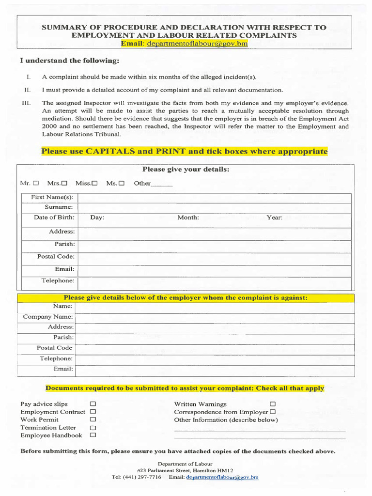 Department of Labour Complaint Form | PDF