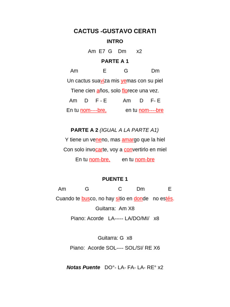 Letras y acordes de "Cactus" Cerati | PDF