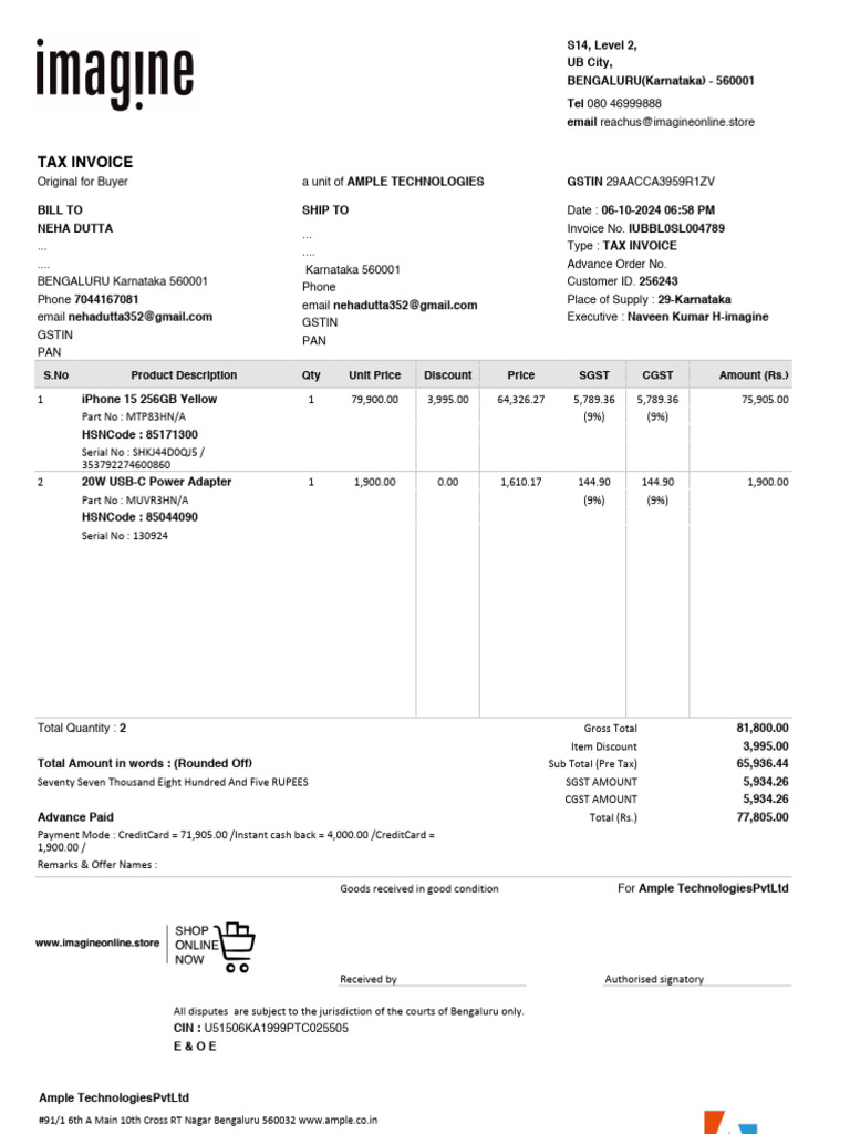 Tax Invoice for HSN 85171300 Purchase | PDF | Invoice | Payments