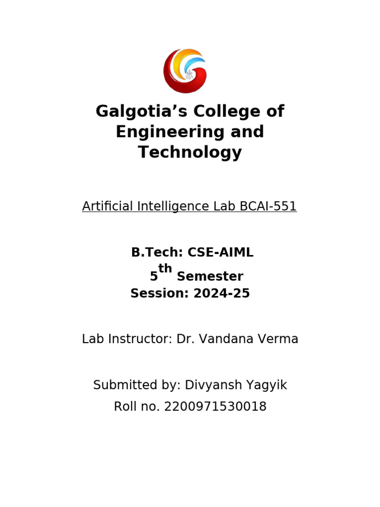 AI Lab Report for B.Tech CSE-AIML 2024 | PDF