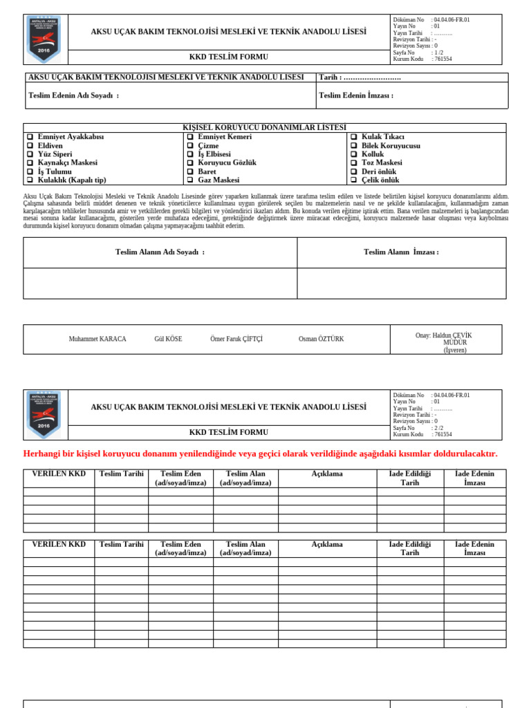 04.04.06-FR.01 KKD Teslim Formu | PDF
