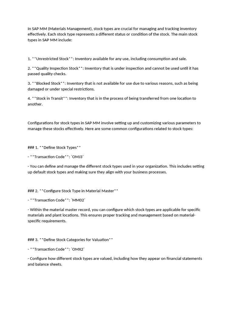 SAP MM Stock Types and Configurations | PDF | Inventory | Stocks
