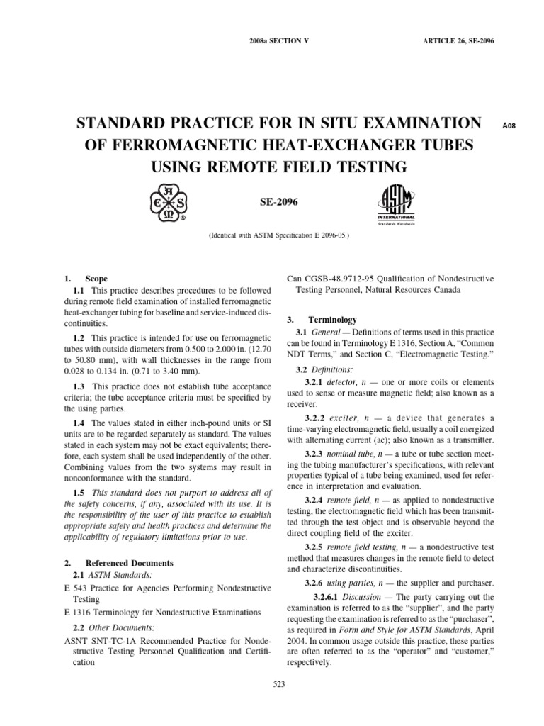 RFT Standards for Heat-Exchanger Tubes | PDF | Nondestructive Testing ...
