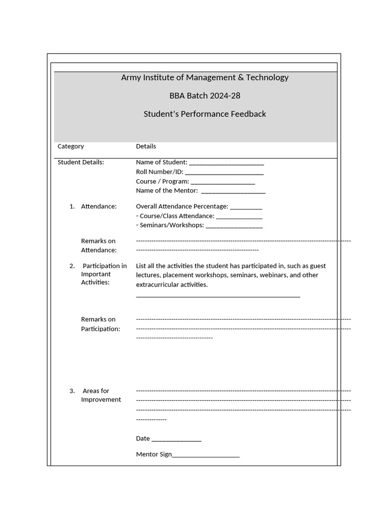 BBA 2024-28 Student Feedback Form | PDF