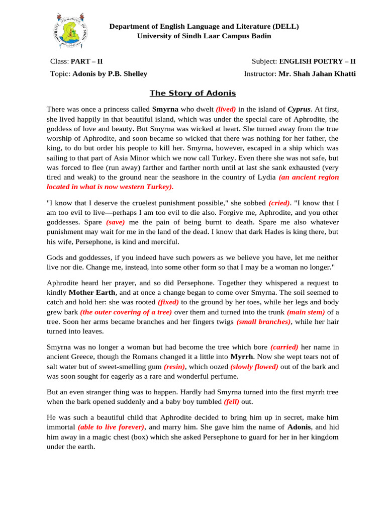 The Myth of Adonis and Aphrodite | PDF | Aphrodite | Muse