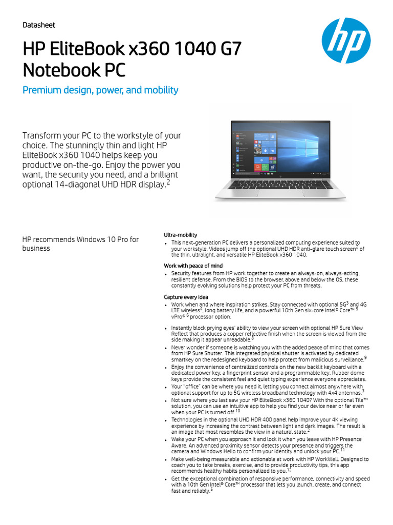 HP EliteBook x360 1040 G7 Overview | PDF | Windows 10 | Microsoft Windows