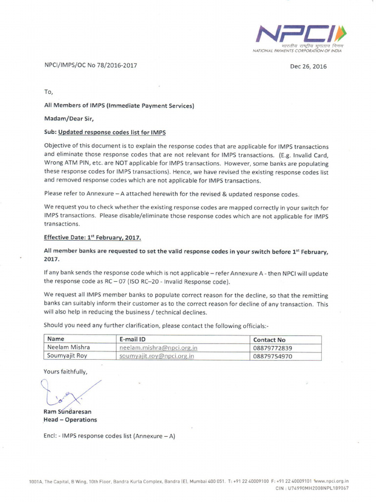 Picture of IMPS Circular 78 Updated Response Codes List For IMPS | PDF
