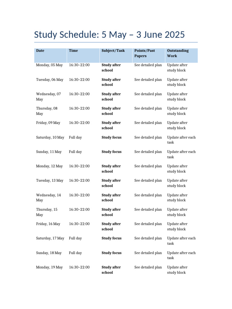 Full Study Schedule 5may To 3june | PDF