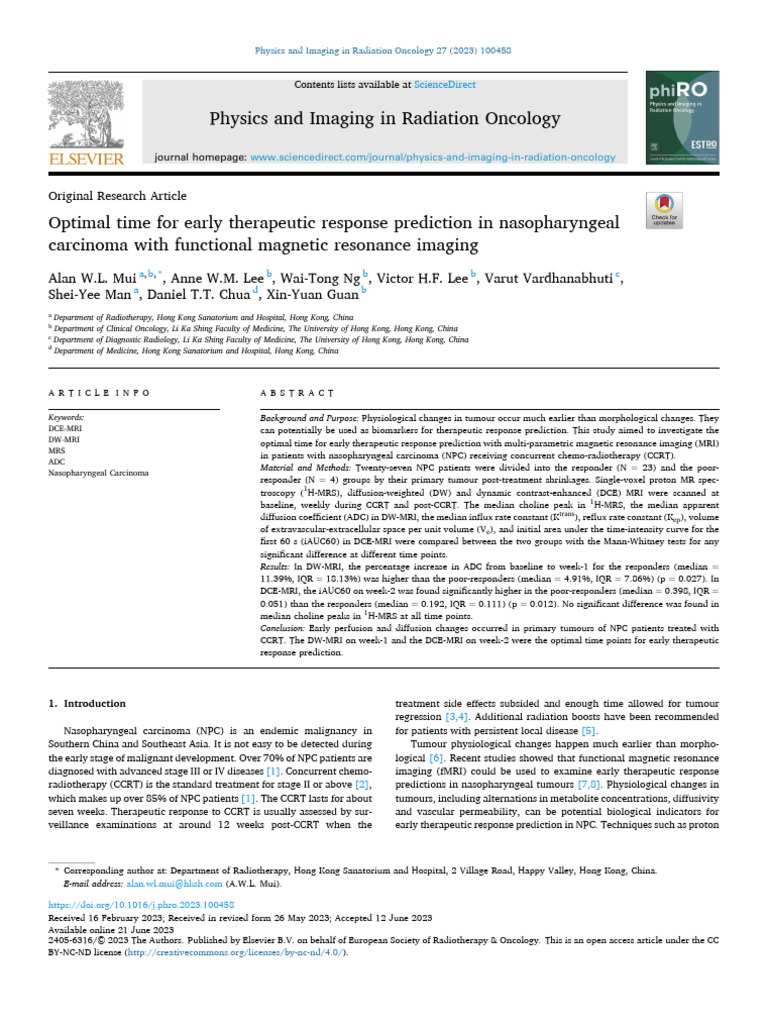 Optimal Time For Early Therapeutic Response Prediction in ...