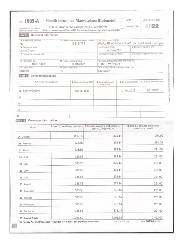 Form 1095-A Laurie. Cocom | PDF