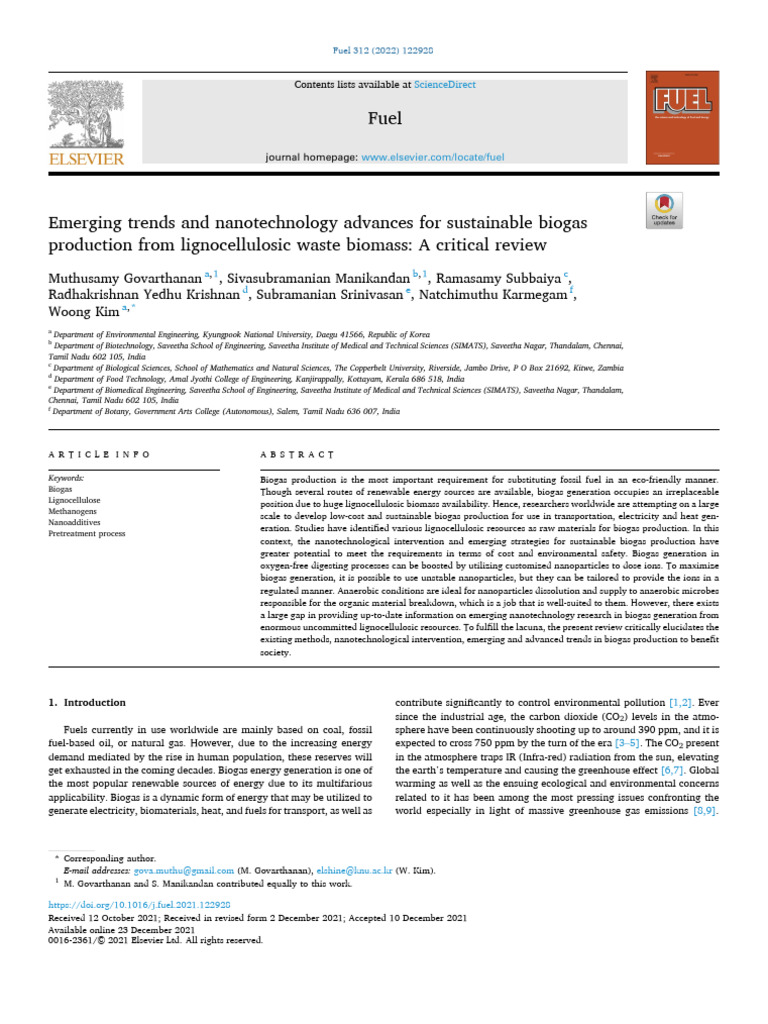 1 s2.0 S0016236121027897 Main | PDF | Anaerobic Digestion | Biofuel