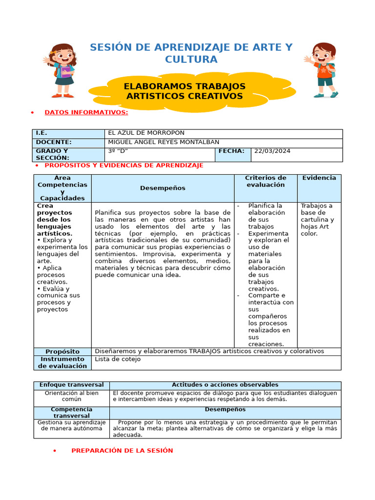Sesion de Arte y Cultura 22 de Marzo | PDF | Evaluación | Aprendizaje