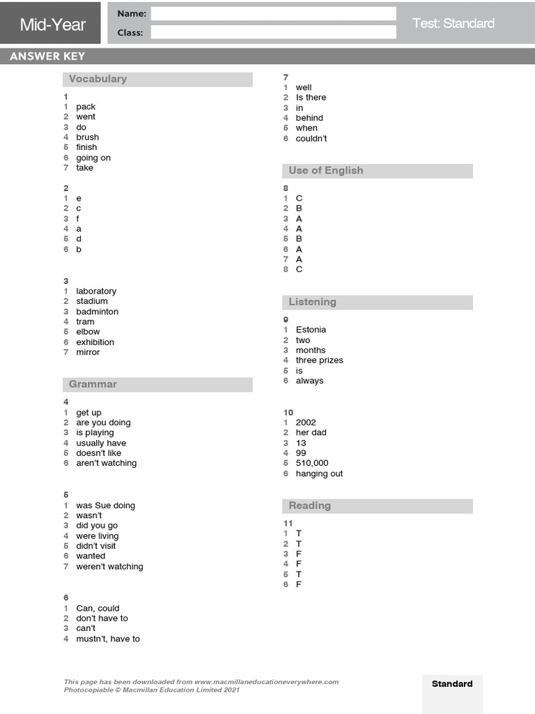 Level2 Mid-Year Test Standard Answer Key | PDF | Linguistics | Human ...