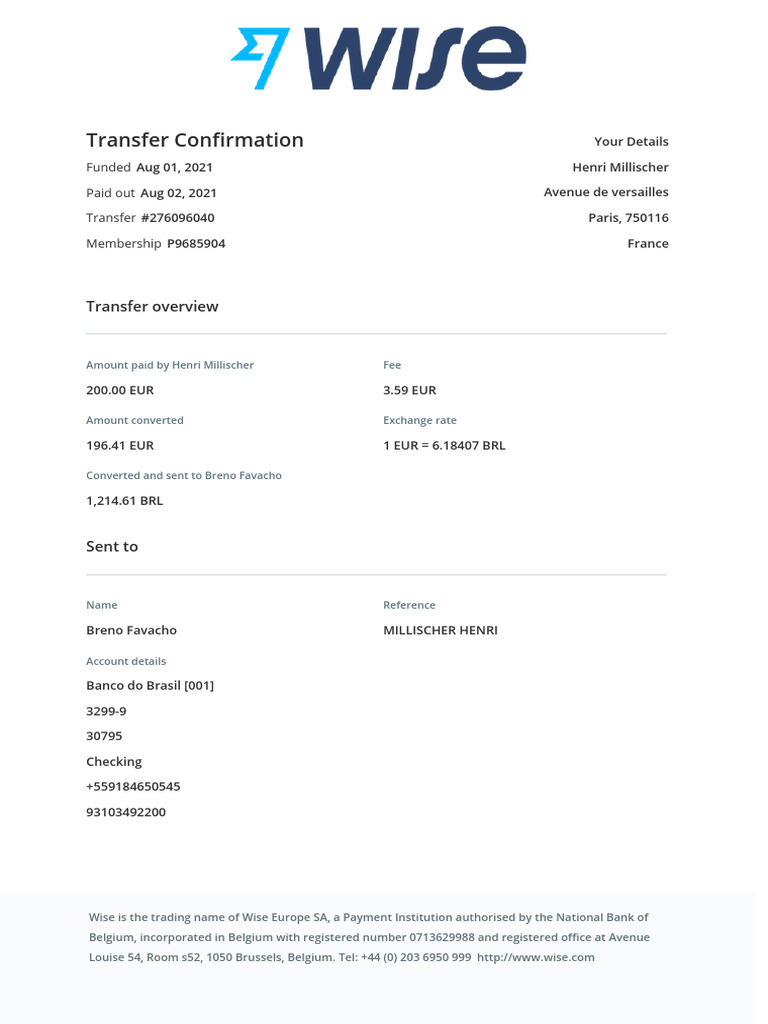 Wise Transfer Confirmation Details | PDF
