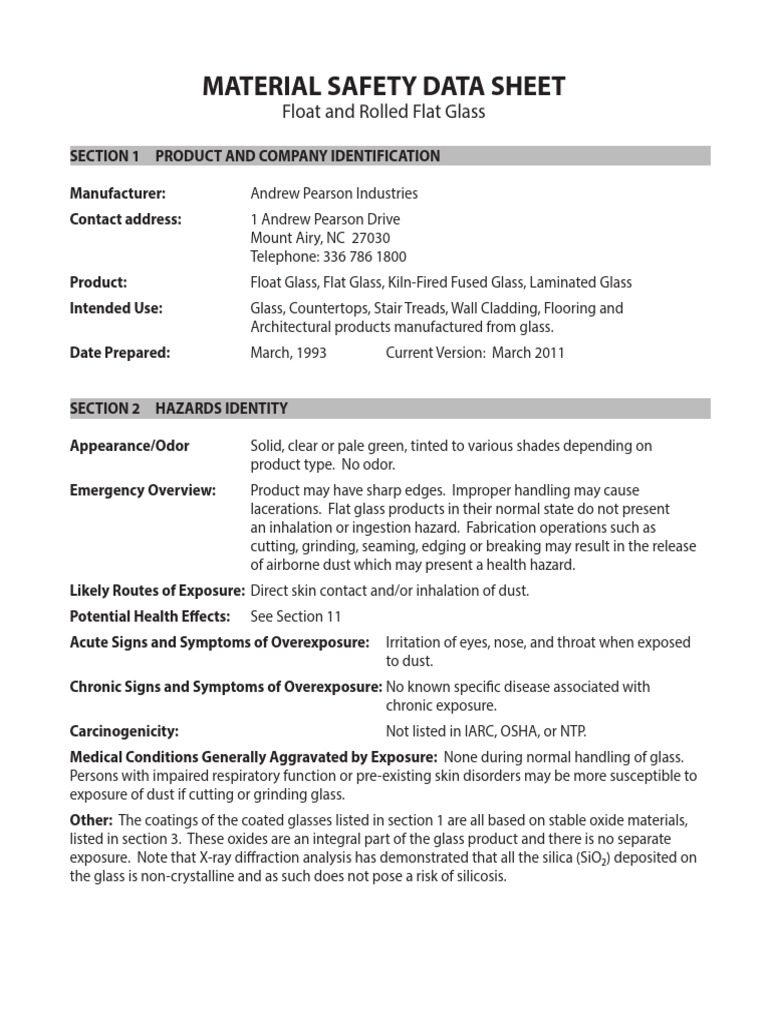 Float and Rolled Flat Glass Safety Data | PDF | Personal Protective ...