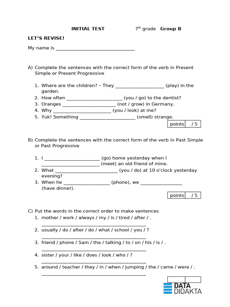 7th Grade English Verb Tenses Test | PDF | Linguistics