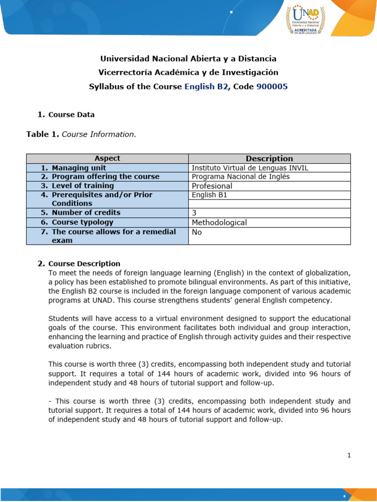 English B2 Course Syllabus UNAD | PDF | Perfect (Grammar) | Verb
