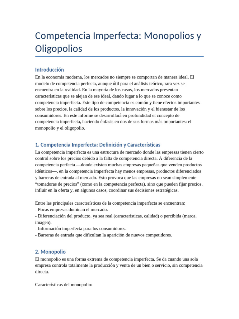 Monopolios y Oligopolios en Economía | PDF | Monopolio | Oligopolio