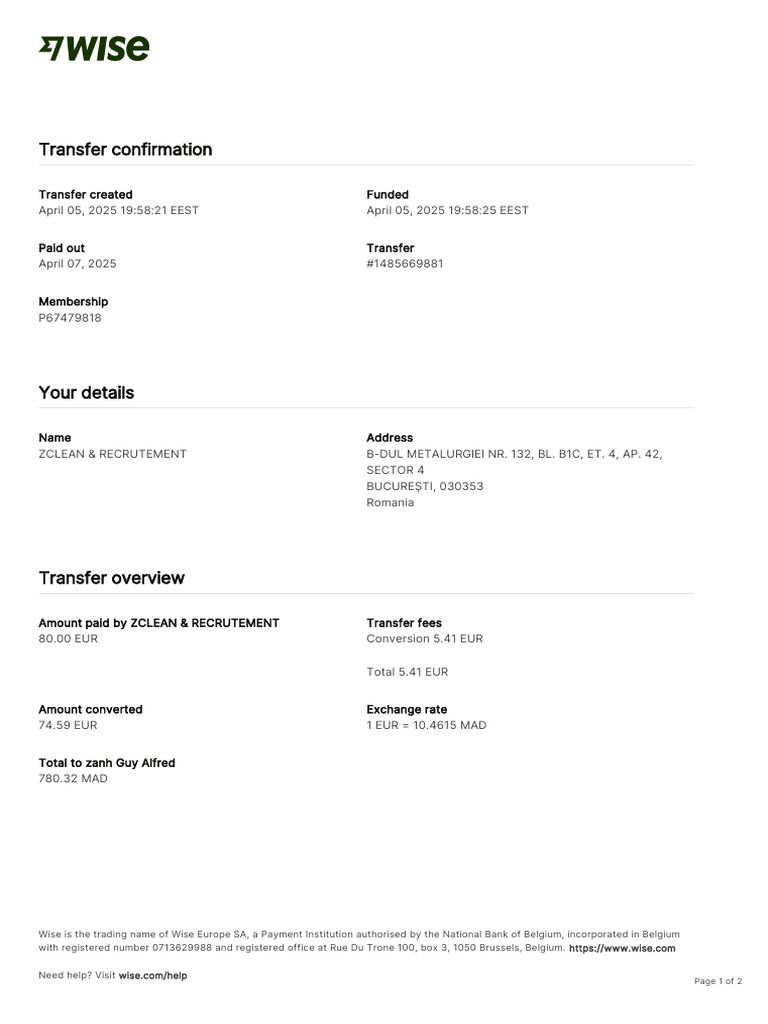 Wise Transaction Invoice Transfer 1485669881 5189299519 fr-1 | PDF ...