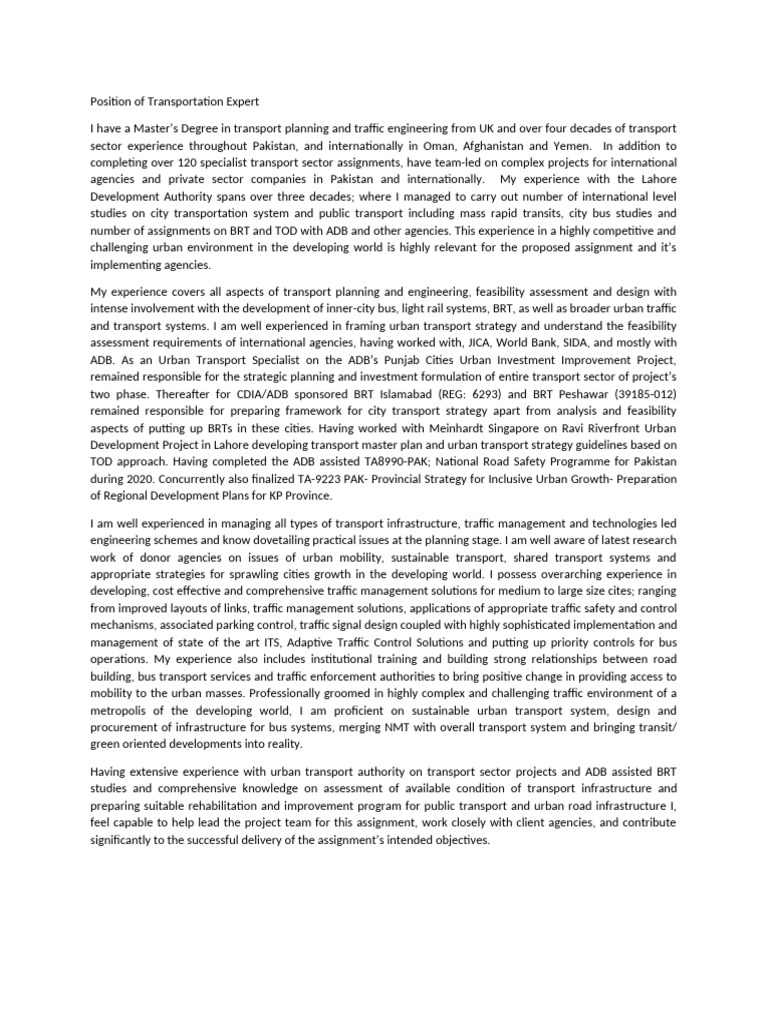 Position of Transportation Expert | PDF | Infrastructure | Public Transport