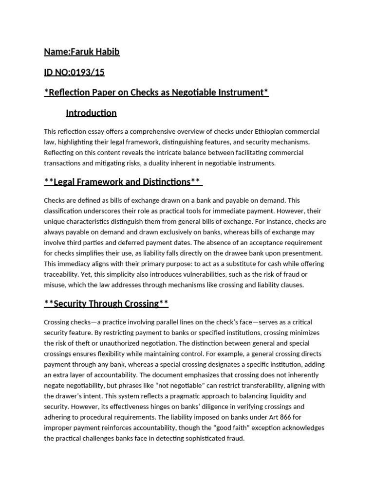Checks as Negotiable Instruments in Ethiopia | PDF | Negotiable ...