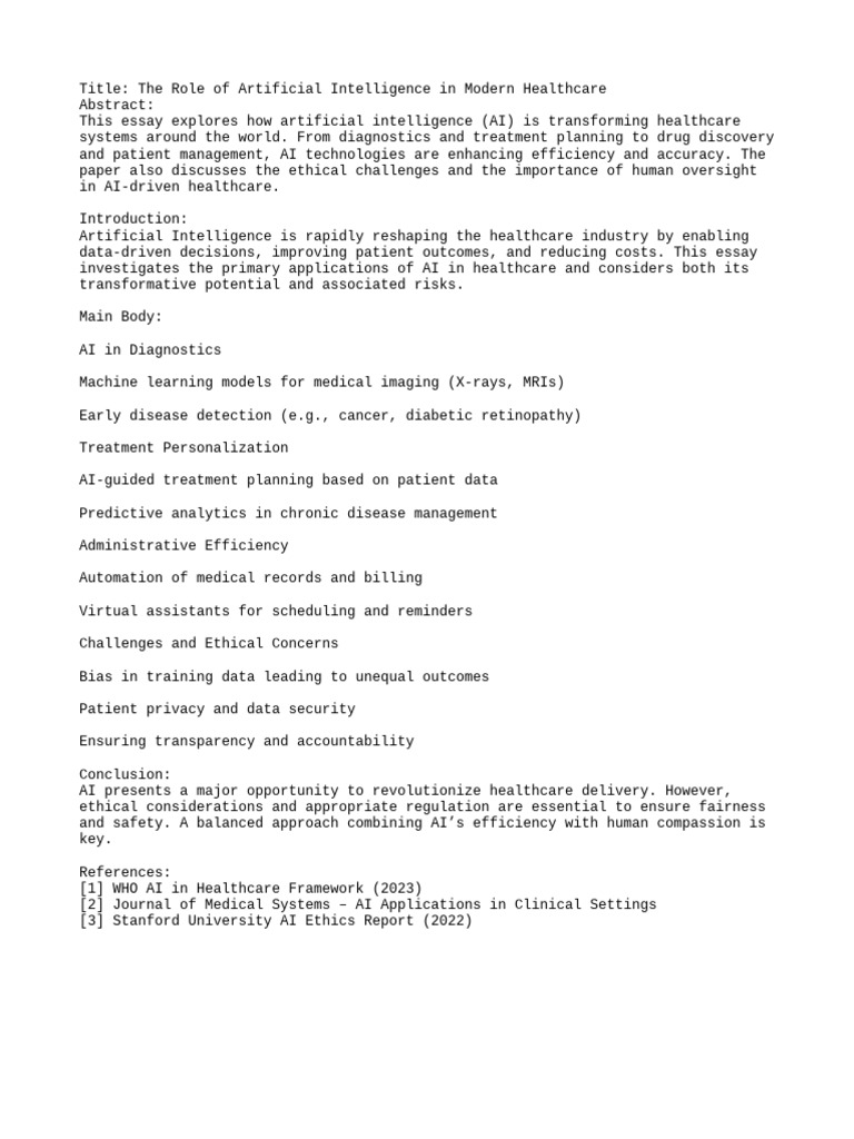 THE ROLE OF ARTIFICIAL INTELLIGENCE IN MODERN HEALTHCARE PDF Technical ...
