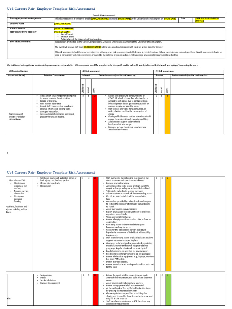 UoS Careers Fair Employer Risk Assessment | PDF | Risk | Risk Assessment