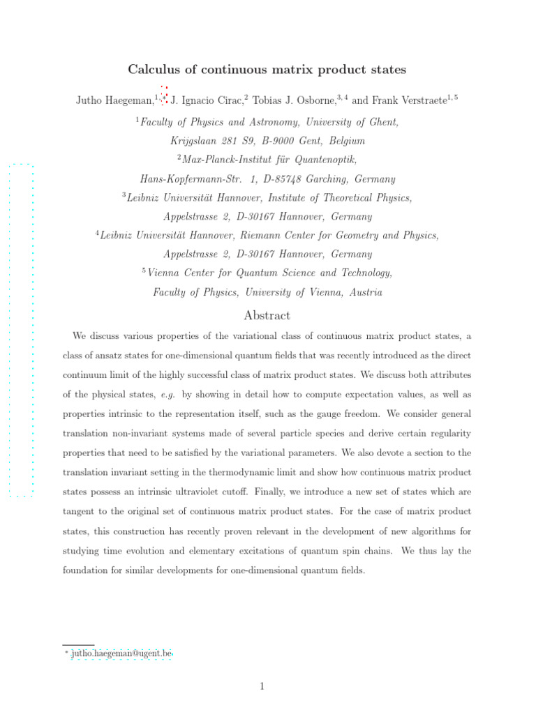 Calculus of Continuous Matrix Product States: Jutho Haegeman, J ...