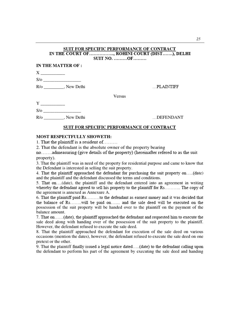 Specific Performance Contract Suit Template | PDF | Lawsuit | Cheque