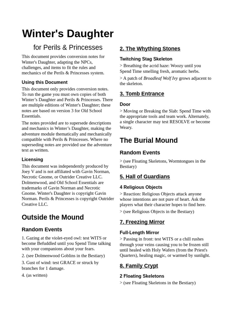 Winter's Daughter For Perils & Princesses | PDF