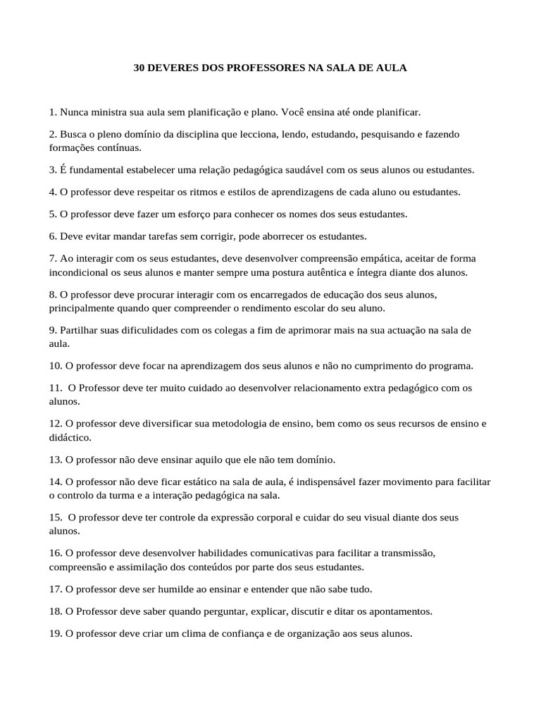Deveres dos Professores em Sala de Aula | PDF | Pedagogia | Lição