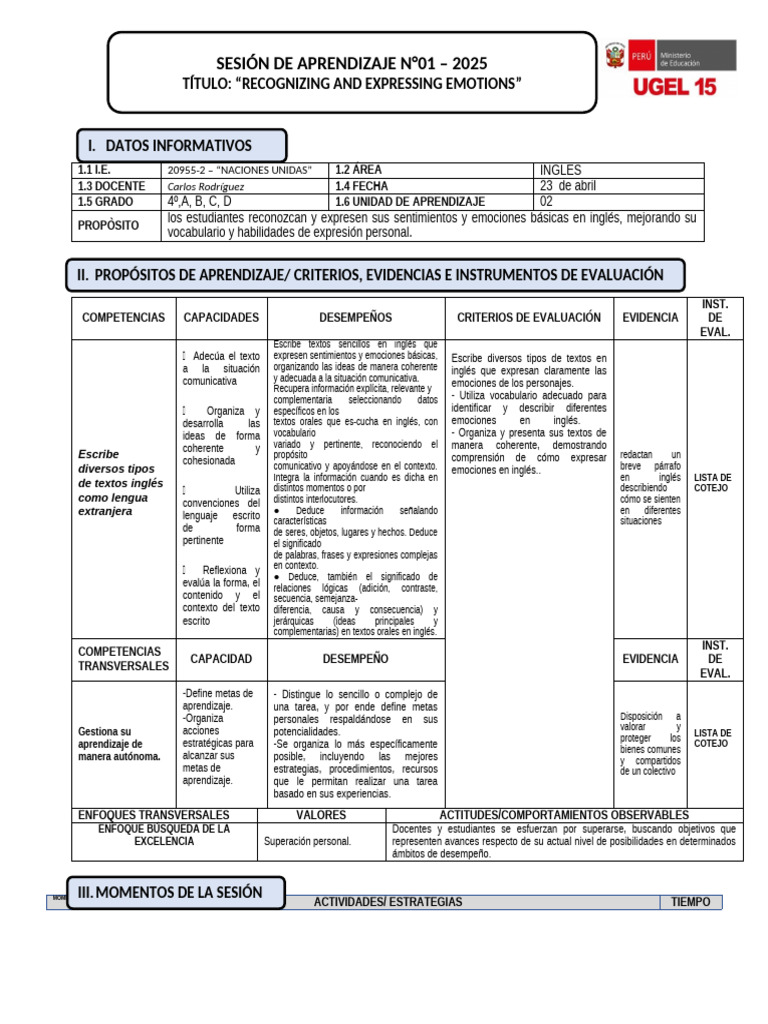 Sesion 1 4to 2DA UNIDAD | PDF | Aprendizaje | Las emociones