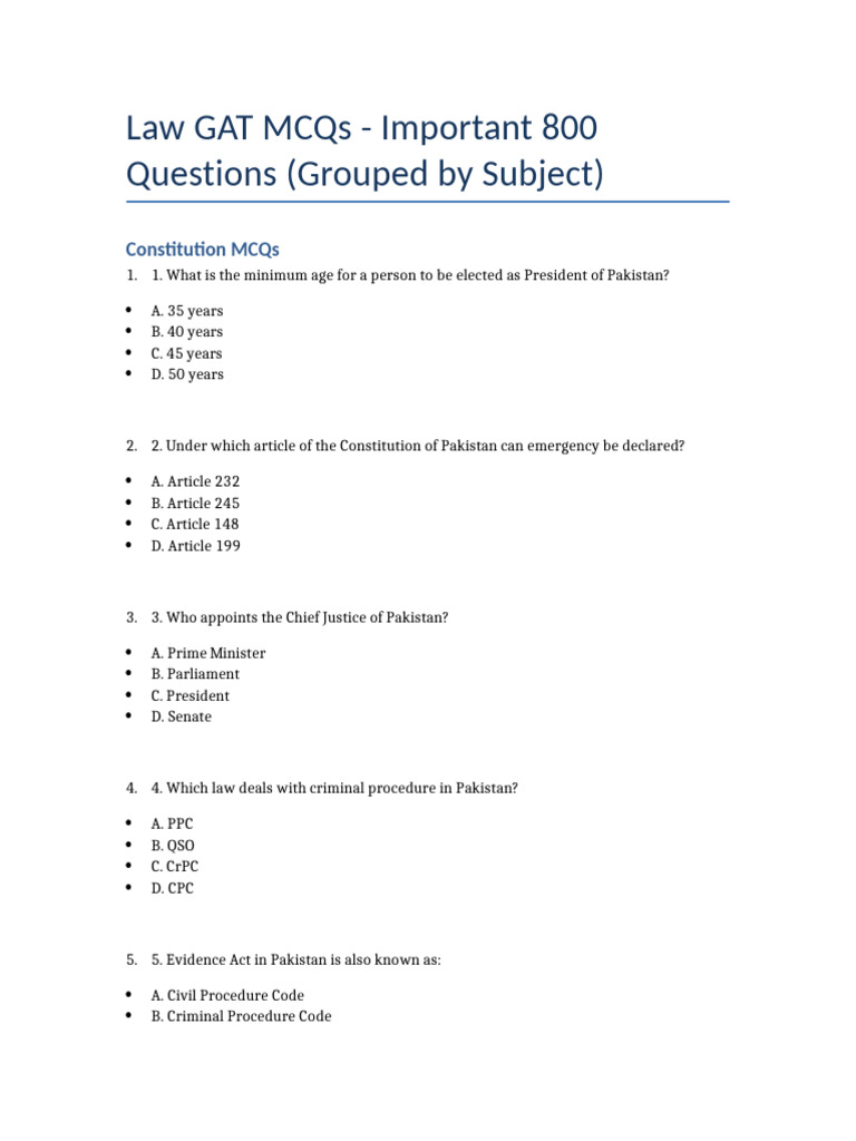 Law GAT 800 MCQs by Subject With Answers | PDF | Presidents Of The ...