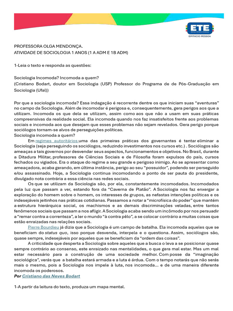 Atividade Por Que A Sociologia Incomoda | PDF | Sociologia | Educação ...
