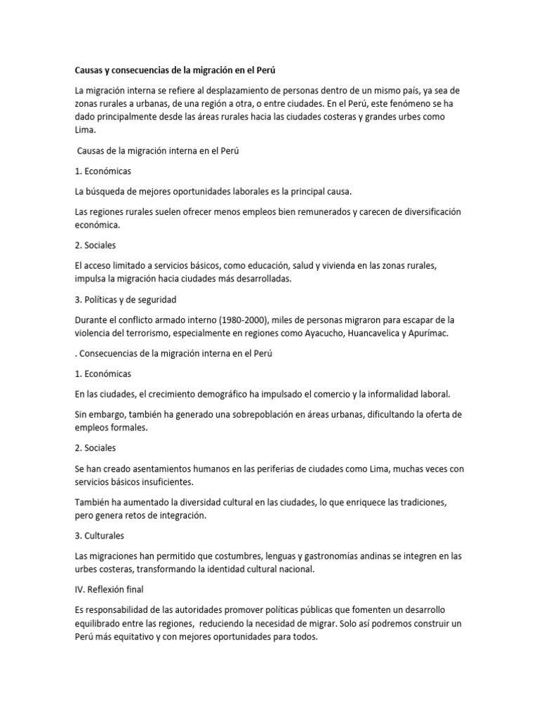 Causas y Consecuencias de la Migración en Perú | PDF