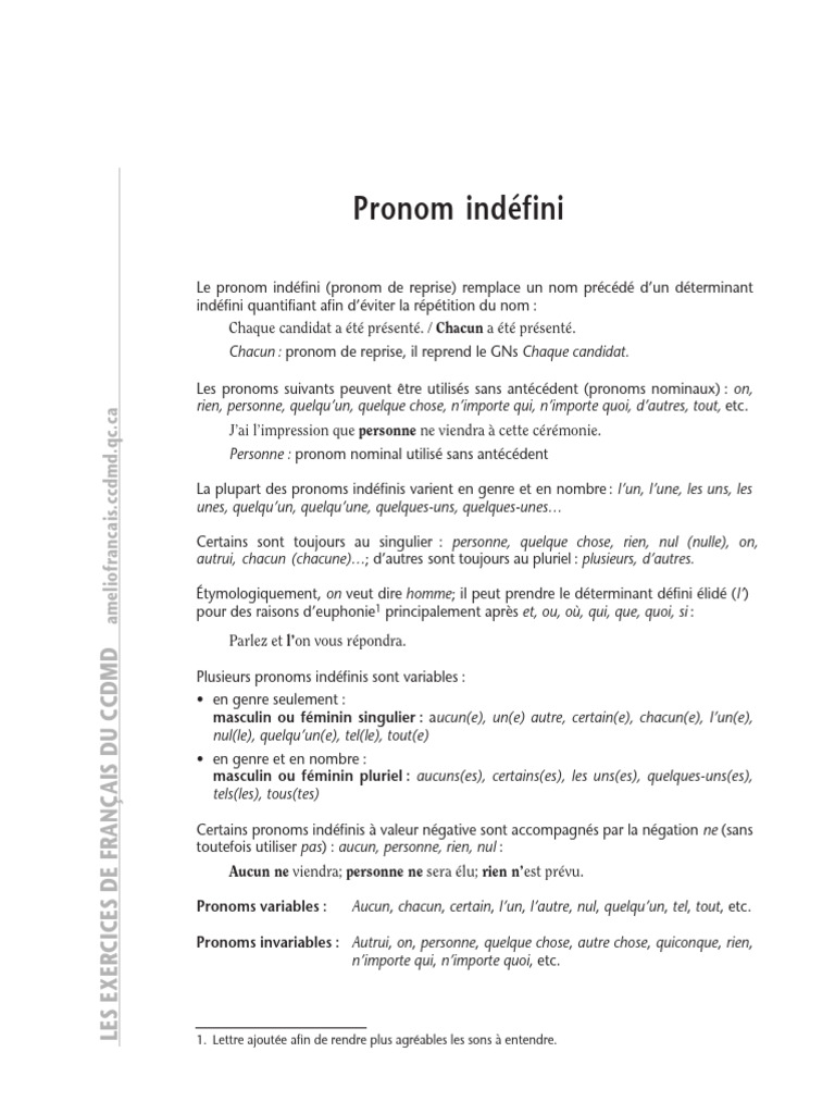 Les Pronoms Indéfinis (Exercice) | PDF | Genre grammatical | Pronom