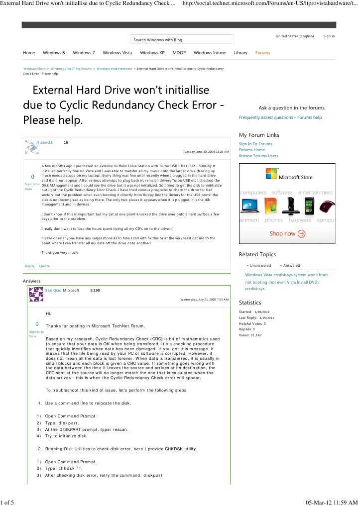 External Hard Drive Won't Initiallise Due To Cyclic Redundancy Check